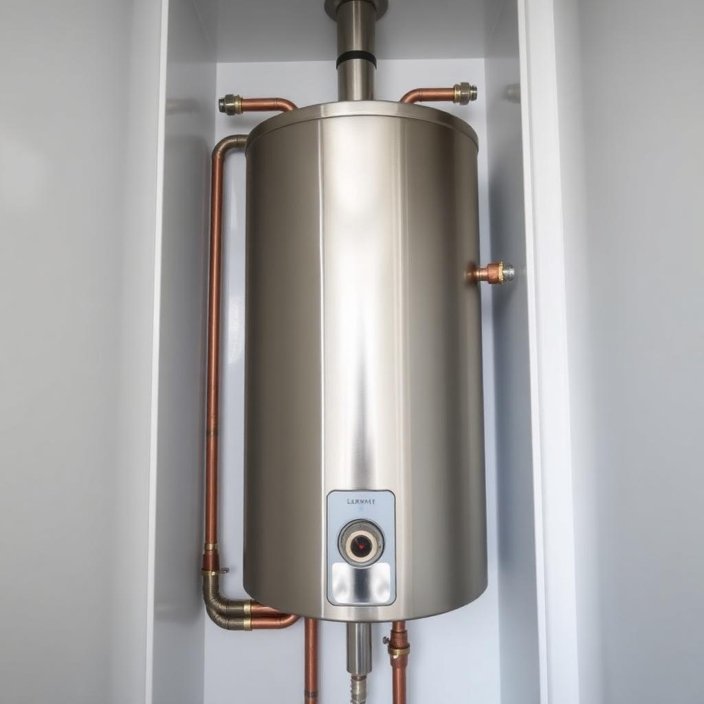 Unvented hot water cylinder with neat copper pipework